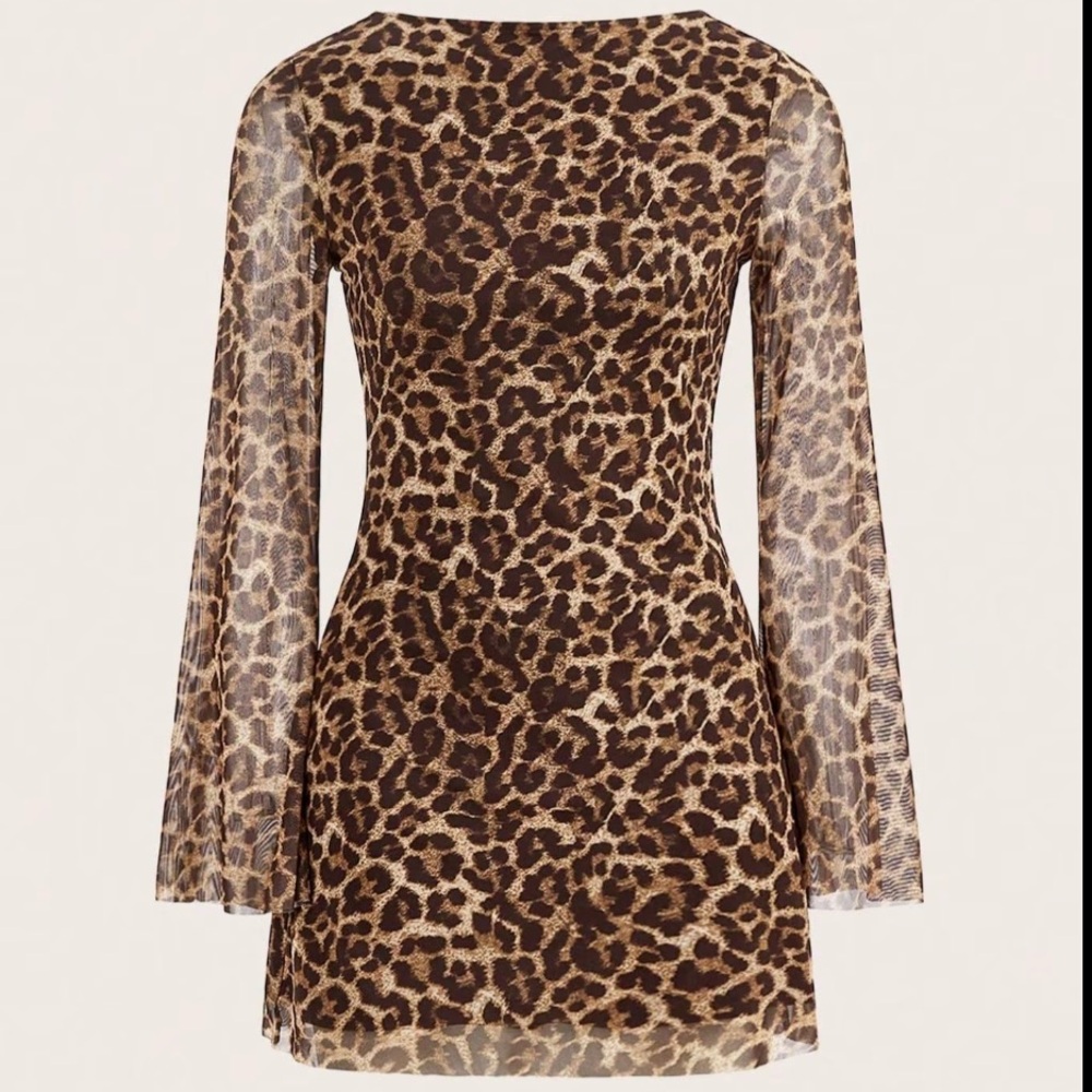 Mesh Leopard Print Fitted Backless Dress